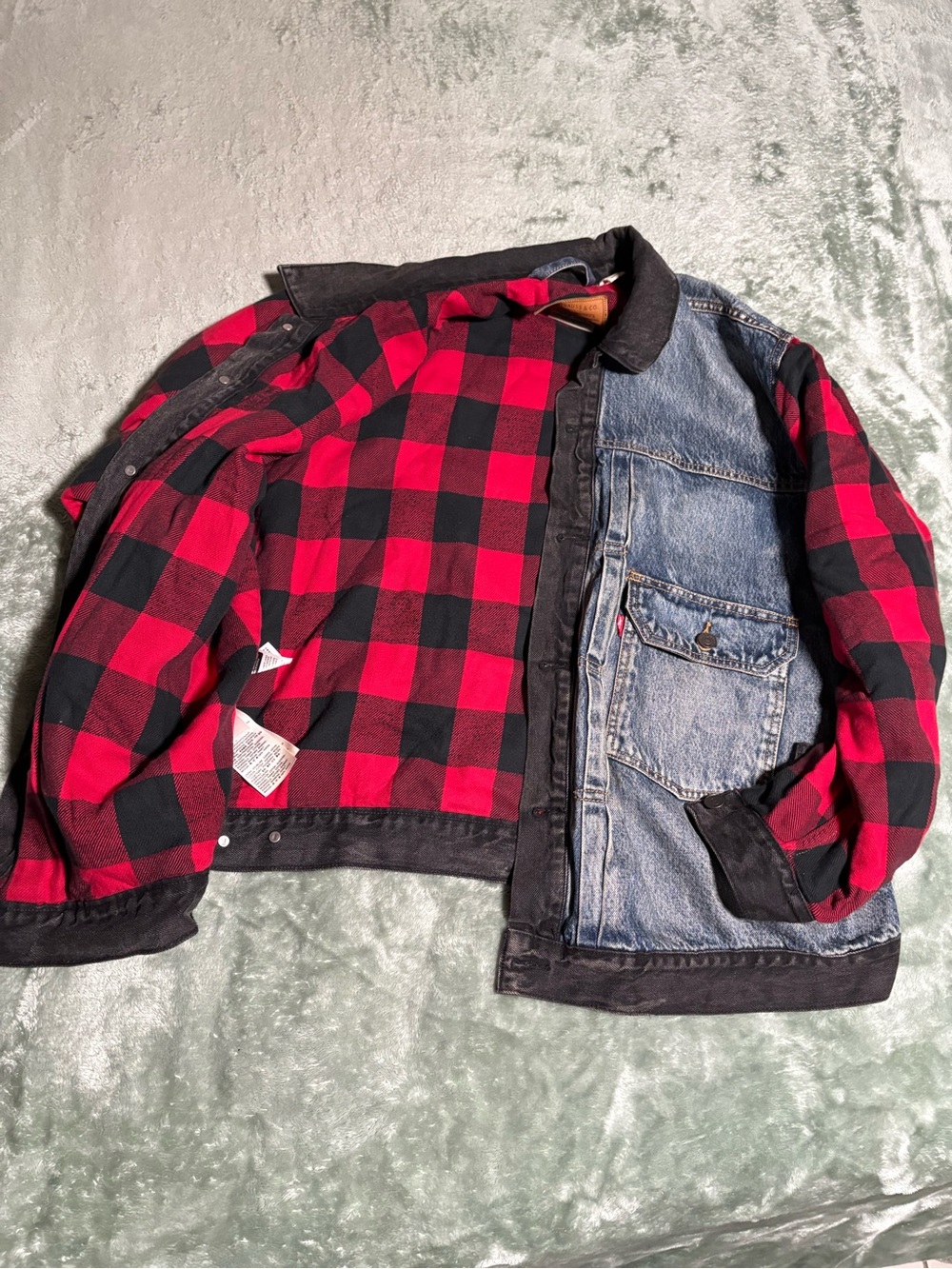 Levi's Red & Black Buffalo Plaid Denim-Panel Bomber Jacket